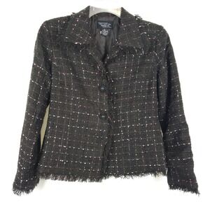 Womens Plaid Tweed Blazer NYCD 10 Raw Hem Button Brown Office Workwear Business